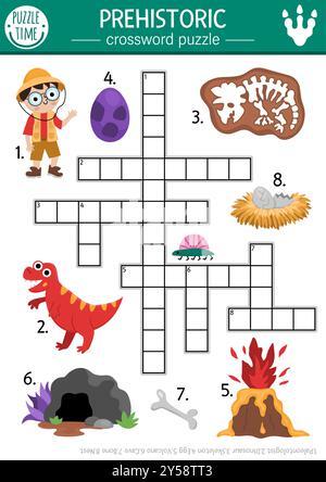 Vettoriale semplice puzzle di parole incrociate per i bambini. Dino Land quiz per bambini. Attività didattica con paleontologo, scheletro, vulcano, uovo, grotta, Illustrazione Vettoriale
