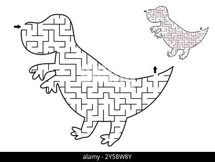 Labirinto geometrico di dinosauro per bambini. Attività stampabile in età prescolare a forma di tyrannosaurus. Dino Land labirinto gioco per bambini con T-rex. Carino Illustrazione Vettoriale