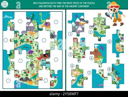 Attività di abbinamento dei dinosauri con mappa del continente preistorico a forma di puzzle. Dino Land game, foglio di lavoro stampabile con animali. Dino Land Match u Illustrazione Vettoriale