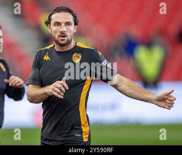 20 settembre 2024; Bet365 Stadium, Stoke, Staffordshire, Inghilterra; EFL Championship Football, Stoke City contro Hull City; Lewie Coyle di Hull City durante il riscaldamento Foto Stock