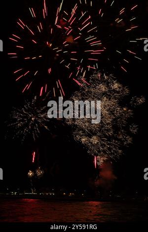 i fuochi d'artificio del mare illuminano il cielo e il mare Foto Stock