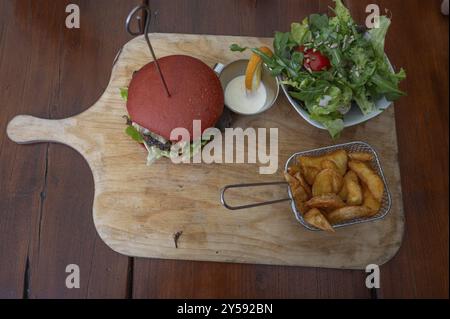 Hamburger vegetariano con patatine fritte e insalata servito su una tavola di legno, Baviera, Germania, Europa Foto Stock