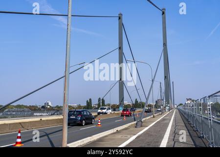 Il ponte Theodor-Heuss, attraversamento del Reno, ponte strallato, primo ponte stradale della cosiddetta famiglia dei ponti di Duesseldorf, è in cemento fatiscente Foto Stock