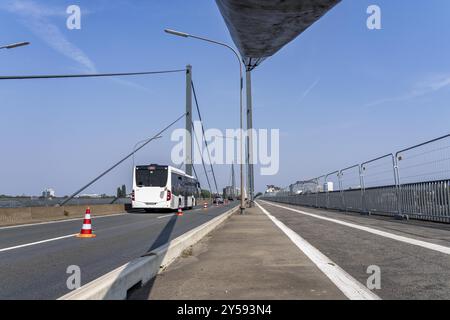 Il ponte Theodor-Heuss, attraversamento del Reno, ponte strallato, primo ponte stradale della cosiddetta famiglia dei ponti di Duesseldorf, è in cemento fatiscente Foto Stock