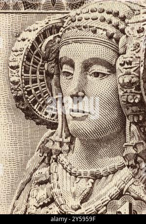 Lady of Elche su 1 peseta 1948 Banknote dalla Spagna. La Signora di Elche è una scultura di busto calcareo di una donna, datata V secolo o IV centu Foto Stock