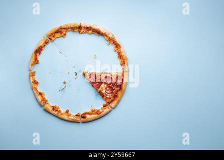 Vista dall'alto con avanzi di pizza e l'ultimo peperoni. Fetta di peperoni di pizza su sfondo blu sopra la vista Foto Stock