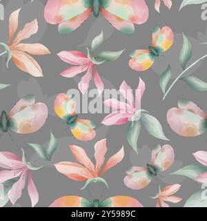 Fiori di Magnolia e falene su sfondo grigio pittura ad acquerello, ripetizione senza cuciture Foto Stock