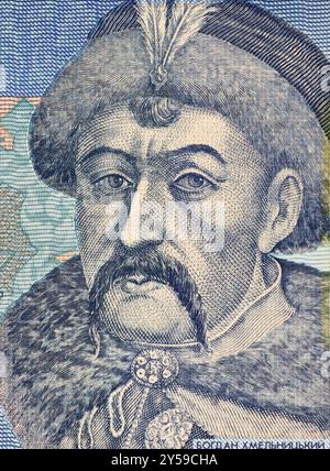 Bohdan Chmel'nyc'kyj (1595-1657) su 5 Hryven 2011 Banknote dall'Ucraina. Hetman dell'etmanato cosacco zaporozhiano della Corona del Regno di Pola Foto Stock