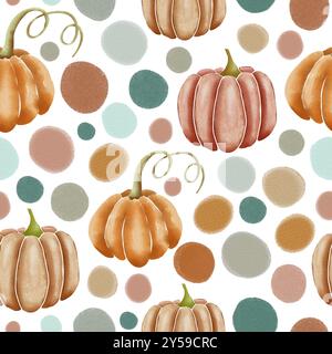 Zucche acquerello disegnate a mano in arancione e rosa e pois di polka su superfici bianche con motivo a ripetizione senza cuciture Foto Stock