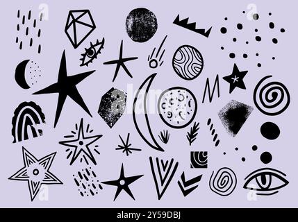 Elementi disegnati a mano dalla galassia bianca e nera Illustrazione Vettoriale