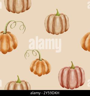 Zucche acquerello disegnate a mano in arancione, marrone e rosa su beige, design superficiale a ripetizione senza cuciture Foto Stock