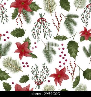 Holly, abete, mignoli e poinsettia decorazione floreale natalizia pittura ad acquerello verde, disegno senza cuciture su sfondo bianco Foto Stock