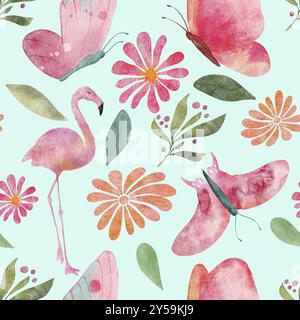 Illustrazione ad acquerello senza cuciture con farfalle, fenicotteri, fiori e foglie su sfondo turchese Foto Stock
