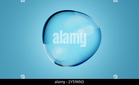 Bolla d'acqua astratta su sfondo blu. Concetto di purezza e galleggiamento con goccioline distorte dal blu. illustrazione di rendering 3d. Foto Stock