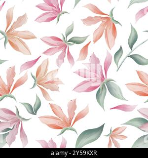 Fiori e foglie di Magnolia su sfondo bianco pittura ad acquerello, ripetizione senza cuciture Foto Stock