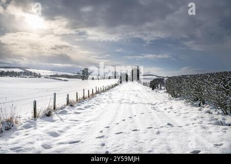 Sentiero coperto di neve (su ferrovia disutilizzata) ai confini scozzesi Foto Stock