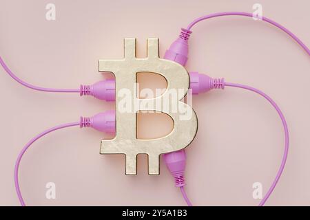 Illustrazione del consumo energetico problematico dal punto di vista ambientale dell'estrazione di Bitcoin, rendering 3D Foto Stock