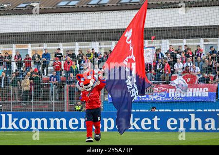 Unterhaching, Deutschland. 20 settembre 2024. DAS Unterhachinger Maskottchen FONSI läuft vor dem Spiel mit Haching-Fahne über den Platz, 20.09.2024, Unterhaching (Deutschland), Fussball, 3. LIGA, SPVGG UNTERHACHING - FC ERZGEBIRGE AUE, LE NORMATIVE DFB/DFL VIETANO QUALSIASI USO DI FOTOGRAFIE COME SEQUENZE DI IMMAGINI E/O QUASI-VIDEO. Credito: dpa/Alamy Live News Foto Stock