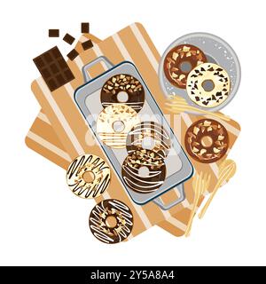 Set di illustrazioni delle icone dei vettori alimentari Bakery per cottura, pane, cottura, illustrazione di ciambelle, dessert, fresco e delizioso. Per imballaggi, etichette, Illustrazione Vettoriale