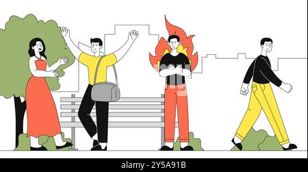 Uomo arrabbiato nella folla. Il giovane in fiamme si trova nella folla di giovani. Sentimenti ed emozioni negative. Persona aggressiva e arrabbiata. Vettore lineare Illustrazione Vettoriale
