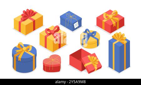 Set di confezioni regalo isometriche. Regali e sorprese. Pacchetti aperti e chiusi. Natale e Natale, Capodanno e vigilia di Noel. Compleanno e San Valentino. 3D. Illustrazione Vettoriale