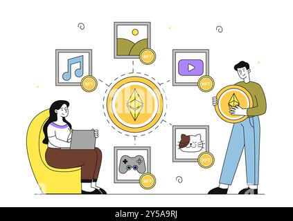 Persone con token digitale nft. Uomo e donna con criptovaluta. Grafica digitale con tecnologia blockchain. Token non fungibile. Vettore lineare Illustrazione Vettoriale
