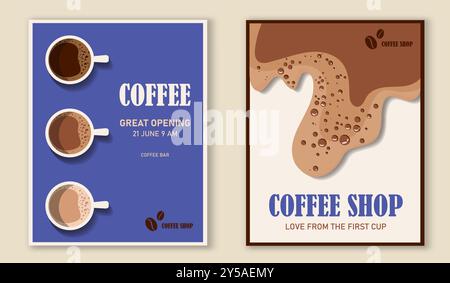 Set di poster della caffetteria. Aroma e bevande. Tazze con bevande calde. Cappuccino e mochaccino, americano e latte. Espresso e moka. Vettore piatto Illustrazione Vettoriale
