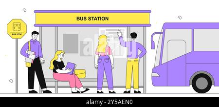 Persone alla stazione degli autobus. Uomini e donne che aspettano l'autobus. Turisti con viaggi e viaggi. Infrastrutture urbane e trasporti. Vettore lineare Illustrazione Vettoriale