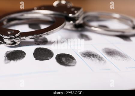 Foglio di carta con impronte e manette umane sul tavolo, primo piano. Condanna penale Foto Stock