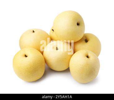 Deliziose pere di mele fresche isolate su bianco Foto Stock