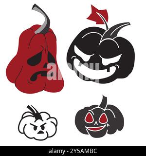 Set di zucche di Halloween con emozioni diverse sui volti tagliati. Illustrazione vettoriale isolata su sfondo bianco. Illustrazione Vettoriale