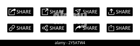 Icona vettoriale del pulsante Condividi impostata in bianco e nero. Set di icone di condivisione. Raccolta di pulsanti Condividi. Illustrazione vettoriale. Illustrazione Vettoriale