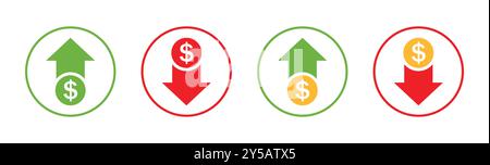 Icona del segno vettoriale su e giù del prezzo in dollari in stile piatto o linea. Grafico delle monete da un dollaro verso l'alto e verso il basso. Il costo del denaro freccia crescita, declino. Investimento in valuta. Illustrazione Vettoriale