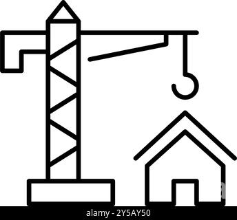 Gru a torre e casa. Sviluppo immobiliare. Processo di costruzione. Pixel Perfect, icona del vettore di traccia modificabile Illustrazione Vettoriale