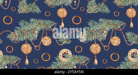 Rami di abete con catene, orologi in oro, palle di Capodanno, motivo ad anelli su sfondo blu, illustrazione ad acquerello in stile steampunk. Decorazioni vintage Foto Stock