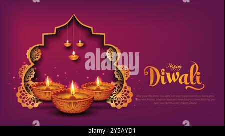 Festa indiana delle luci Happy Diwali, sfondo delle festività, biglietto d'auguri per la celebrazione Diwali, disegno astratto vettoriale. Illustrazione Vettoriale