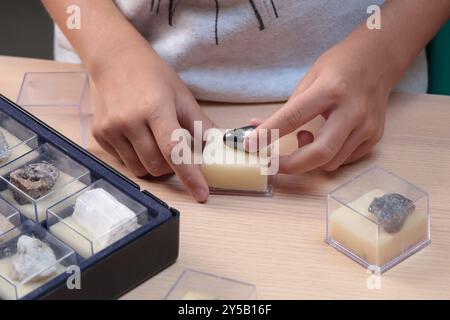 Studentessa esplora la collezione di rocce e minerali e mostra l'onice nero. Scuola e apprendimento. Risorse utili. Giovane geologo. Foto Stock