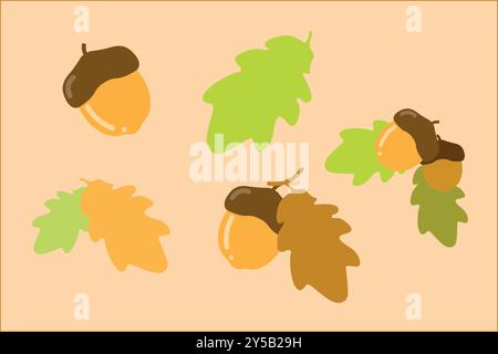 Insieme di elementi di foresta vettoriale di foglie di quercia e ghiande. Decorazioni botaniche autunnali isolate Illustrazione Vettoriale