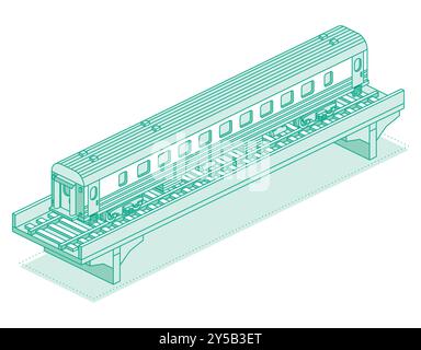 Vagone ferroviario isometrico sul ponte. Oggetto isolato su sfondo bianco. Ferrovia. Illustrazione vettoriale. Carro su rotaie. Illustrazione Vettoriale