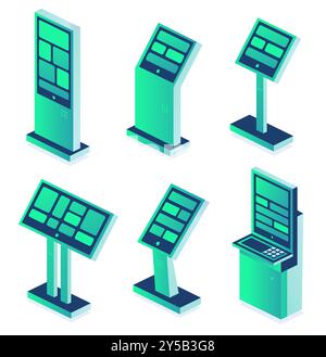 Stazione ferroviaria o metropolitana isometrica, stazione ferroviaria, terminal interattivi isolati su sfondo bianco. Fornire informazioni ai passeggeri sulla riscossione dei biglietti Illustrazione Vettoriale