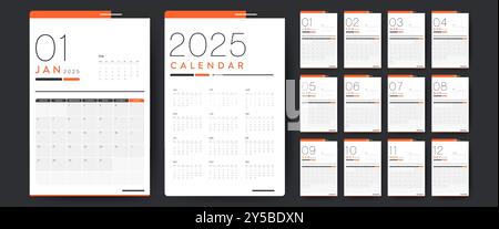 Modello di calendario 2025 creativo minimo business mensile. Scrivania, calendario da parete per stampa, calendario digitale o pianificatore. La settimana inizia lunedì. Mod. Semplice Illustrazione Vettoriale