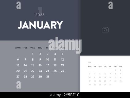 Vettoriale modello mensile mensile 2025 per attività economiche minime creative. Scrivania, calendario da parete per stampa, calendario digitale o pianificatore. La settimana inizia lunedì. Ann Illustrazione Vettoriale