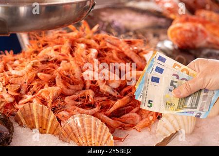 prezzi del pesce nei negozi. Una donna tiene i soldi in mano sullo sfondo di un banco di gamberi Foto Stock