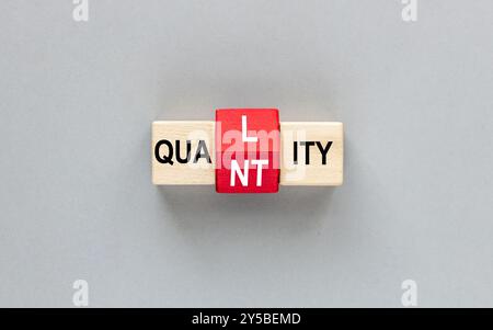 Concetto di QUALITÀ e QUANTITÀ. le lettere sui blocchi di legno modificano la parola qualità in quantità. Concetto di business. splendido sfondo grigio. disposizione piatta, co Foto Stock