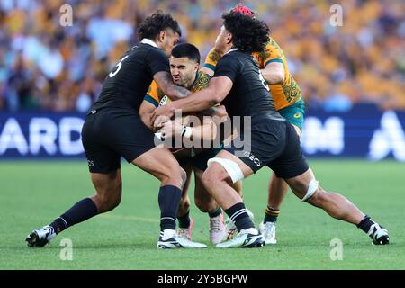 Sydney, Australia. 21 settembre 2024. Tom Wright dei Wallabies è placcato durante il match del Rugby Championship tra Australia e nuova Zelanda all'Accor Stadium di Sydney, Australia, il 21 settembre 2024. Foto di Peter Dovgan. Solo per uso editoriale, licenza richiesta per uso commerciale. Non utilizzare in scommesse, giochi o pubblicazioni di singoli club/campionato/giocatori. Crediti: UK Sports Pics Ltd/Alamy Live News Foto Stock