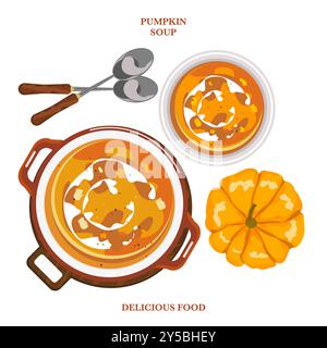 Set di cibo delizioso, zuppa di zucca isolata su sfondo bianco. Vista superiore degli elementi vettoriali su sfondo bianco. Illustrazione Vettoriale