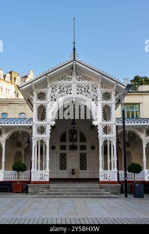 Karlovy Vary, Repubblica Ceca - 12 agosto 2024: Market Colonnade Trzni Kolonada Buildt in legno bianco in stile svizzero. Foto Stock