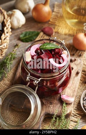 Preparazione di barbabietole fermentate in un vaso di vetro a base di barbabietole fresche, cipolle, aglio e spezie Foto Stock