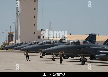 Quattro F-15E Strike Eagles assegnati al 494th Expeditionary Fighter Squadron (EFS) schierati sulla flightline presso al Dhafra Air base, United Arab Emira Foto Stock