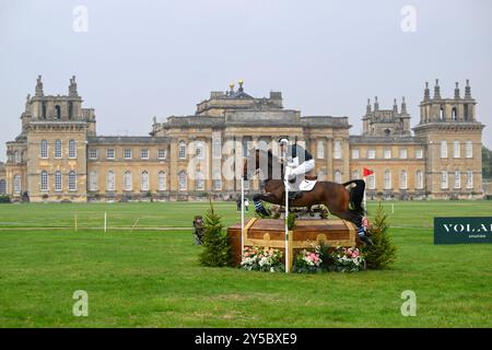 Il Gubby Leech della Gran Bretagna danneggia Van Berkenbroek Z durante i Blenheim Palace Horse Trials a Blenheim Palace, Oxfordshire. Data foto: Sabato 21 settembre 2024. Foto Stock